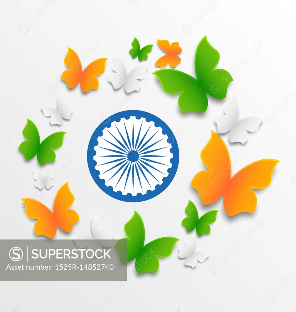 Butterflies in Traditional Tricolor of Indian Flag. Illustration Butterflies in Traditional Tricolor of Indian Flag and Ashoka Wheel for Independence Day - Vector