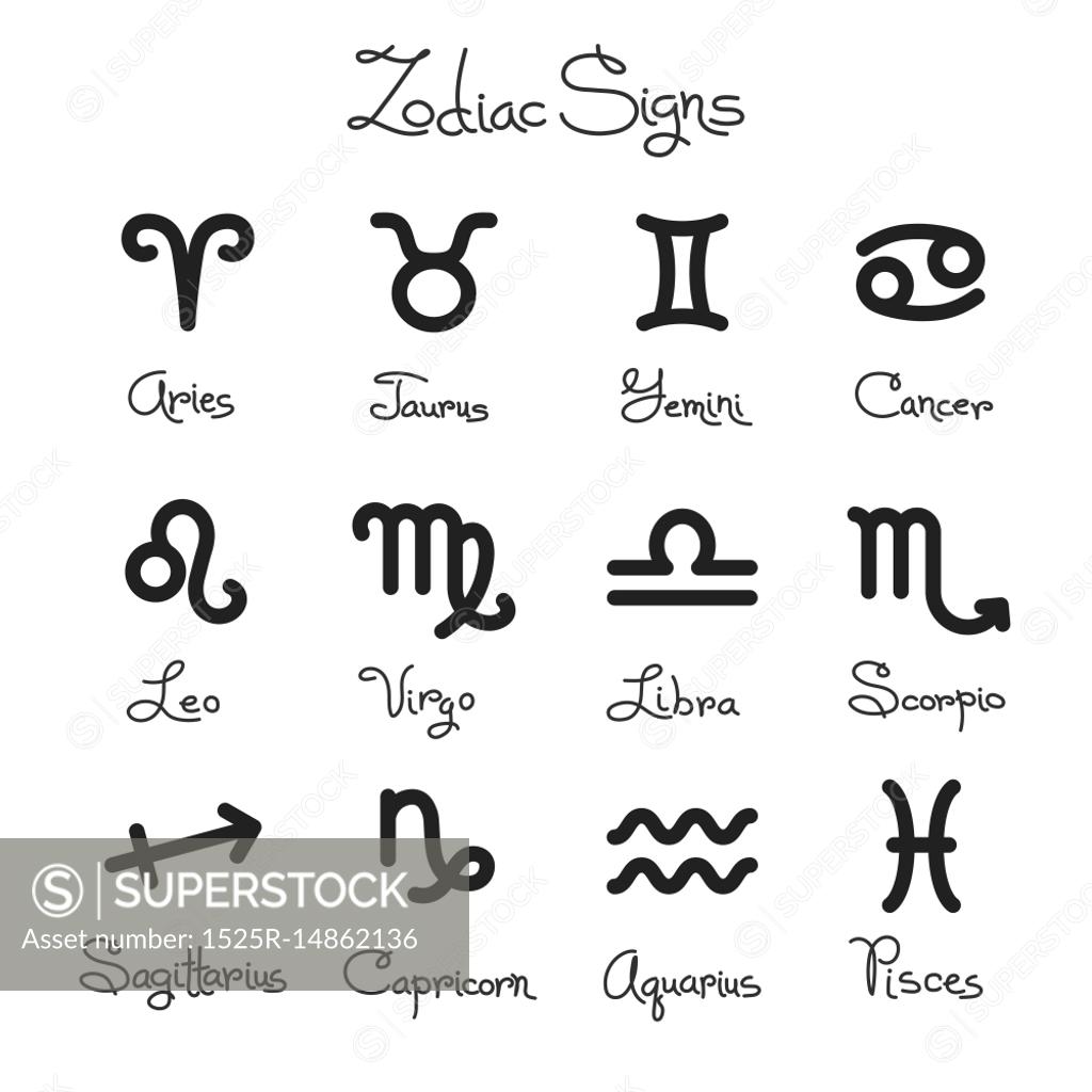 Set of simple zodiac signs with captions. . Set of simple zodiac