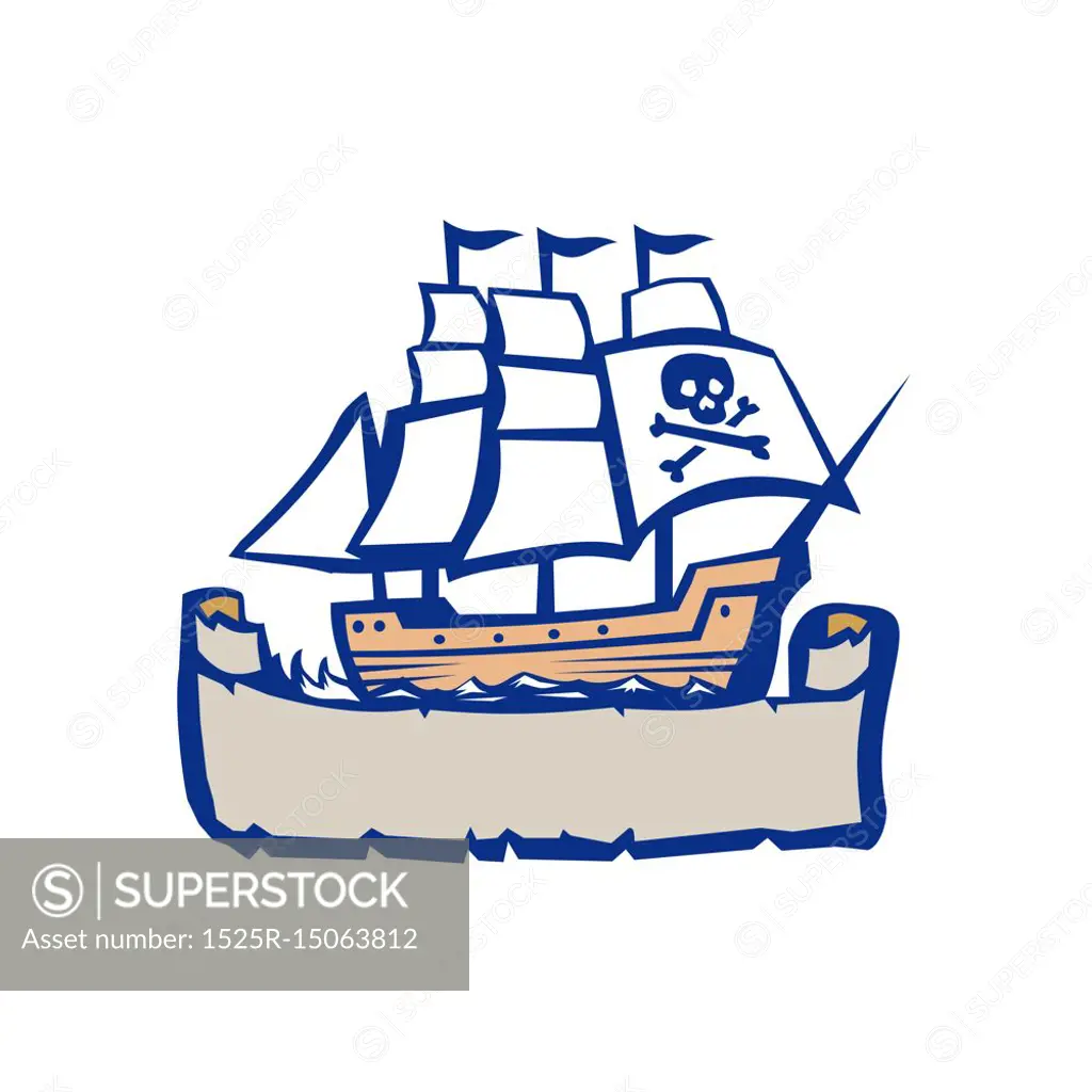 Illustration of a Pirate sailing galleon Ship with ribbon scroll