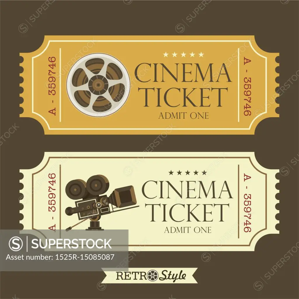 Design vintage movie tickets. Retro cinema. Vintage movie camera and film reel, vector logos.