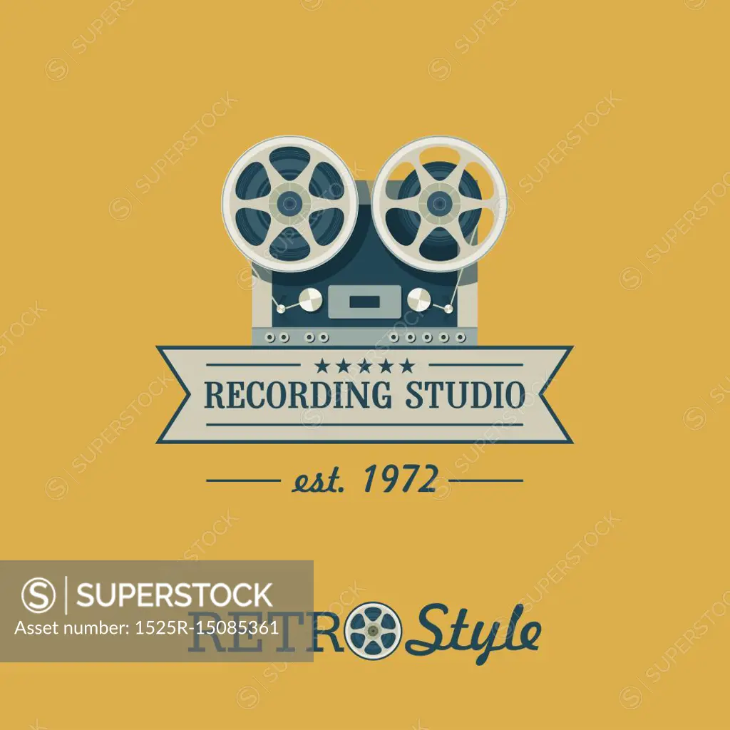 Reel to reel tape recorder. Vector logo. The emblem in retro style.  Recording Studio. - SuperStock