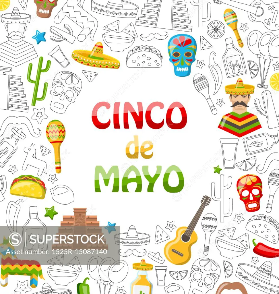 Holiday Background with Collection Mexican Colorful Icons, Objects and Symbols. Illustration Holiday Background with Collection Mexican Colorful Icons, Objects and Symbols for Cinco de Mayo - Vector