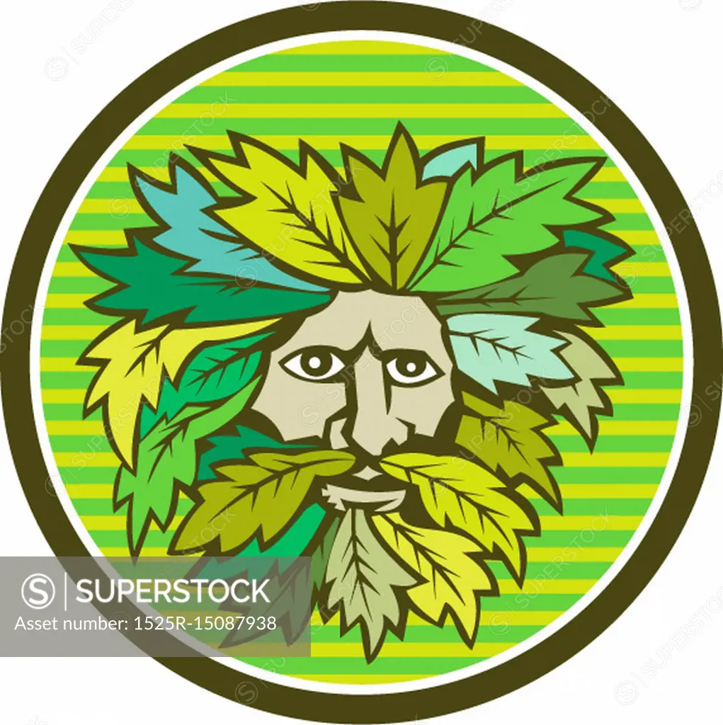 Illustration of a Green Man foliate head with face with flowing hair and leaves growing at tips viewed from front done in retro style.. Green Man Foliate Head Circle Retro