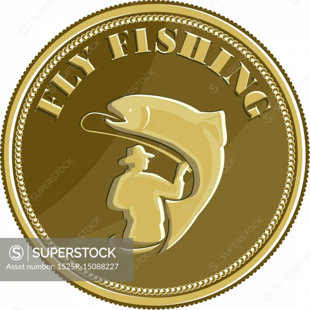 Illustration of a fly fisherman fishing casting rod and reel reeling trout  viewed from rear set inside gold brass coin done in retro style. . Fly  Fishing Gold Coin Retro - SuperStock