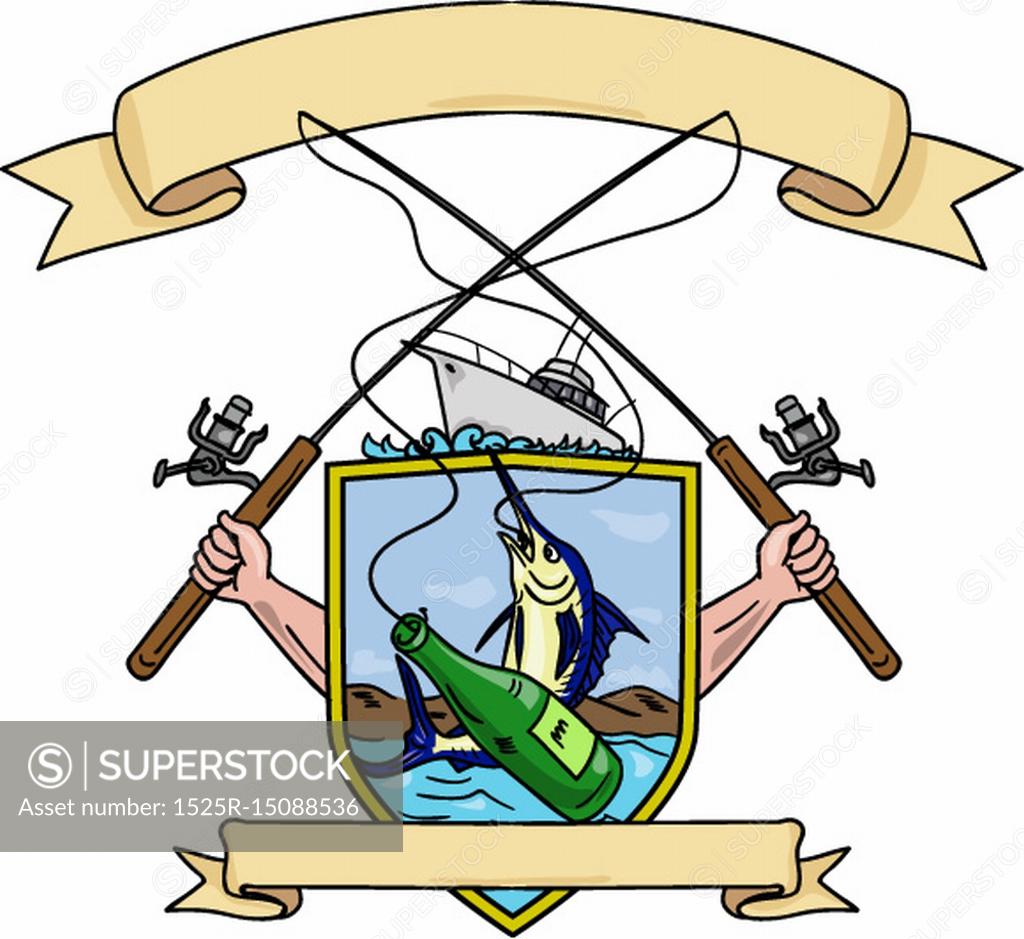 Drawing sketch style illustration of hand holding fishing rod and reel