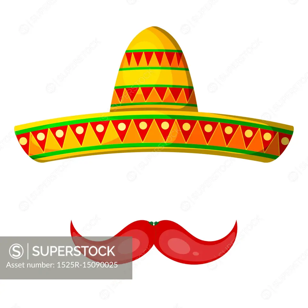 Colored Cartoon sombrero and pepper mustache on a white background. Isolate. Hat - &#xA;element of the national Mexican clothing. Stock vector