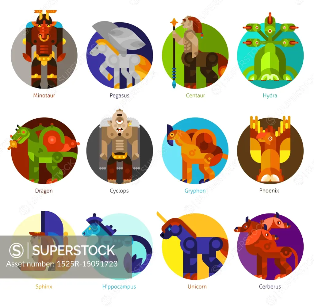 Mythical creatures icons set. Mythical creatures flat icons set with classic mythology animals isolated vector illustration