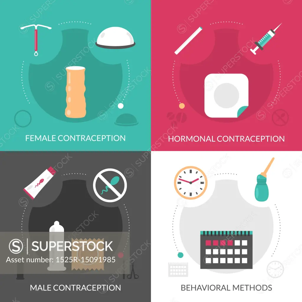 Contraception Concept Icons Set. Contraception concept icons set with hormonal and behavioral methods flat isolated vector illustration 