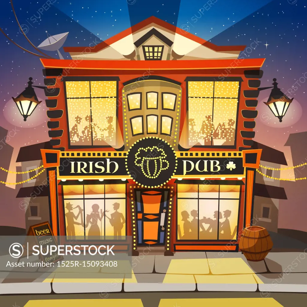 Irish Pub Cartoon Illustration . Irish Pub Cartoon Background.  Irish Pub Building Vector Illustration.  Irish Pub Design. Irish Pub Decorative Illustration. 