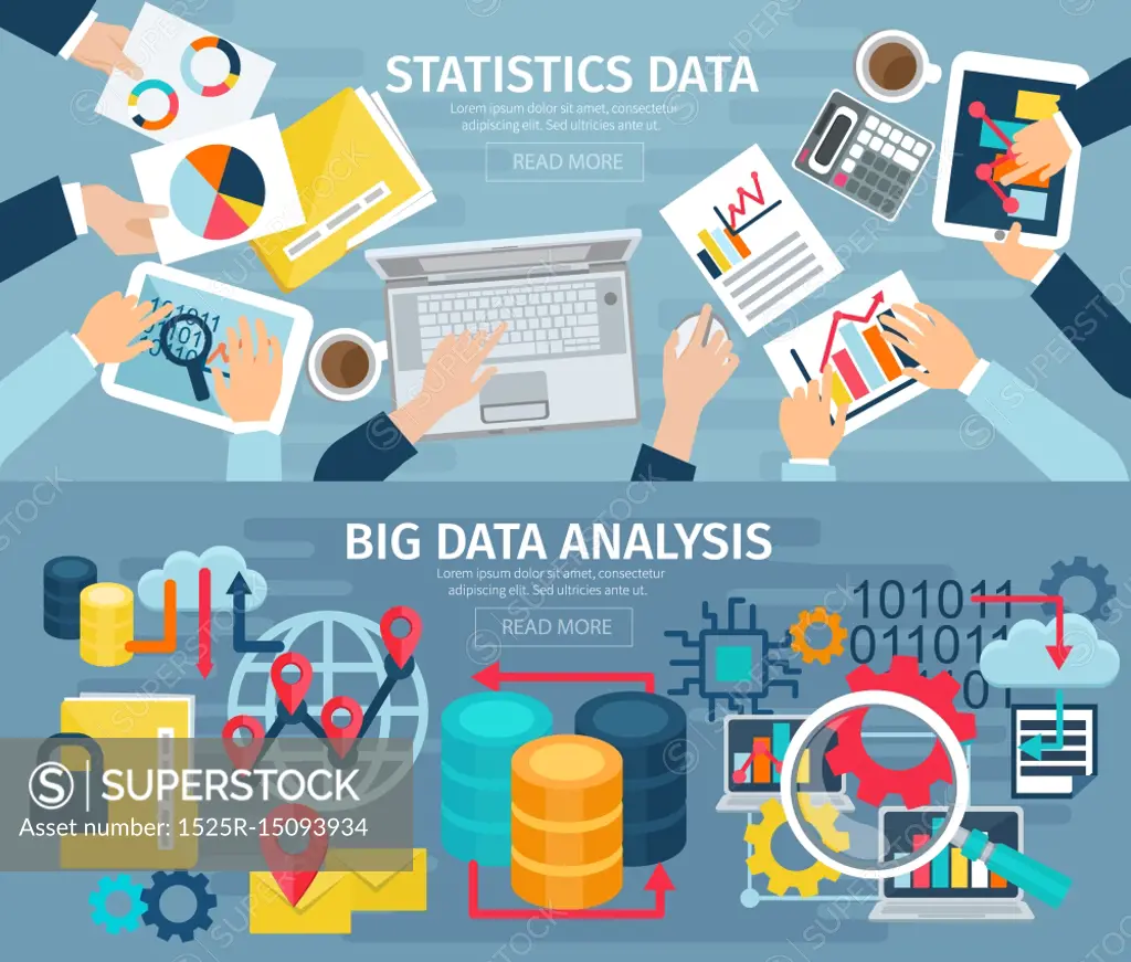 Big Data Flat Horizontal Banners Set. Big data analysis and database ...