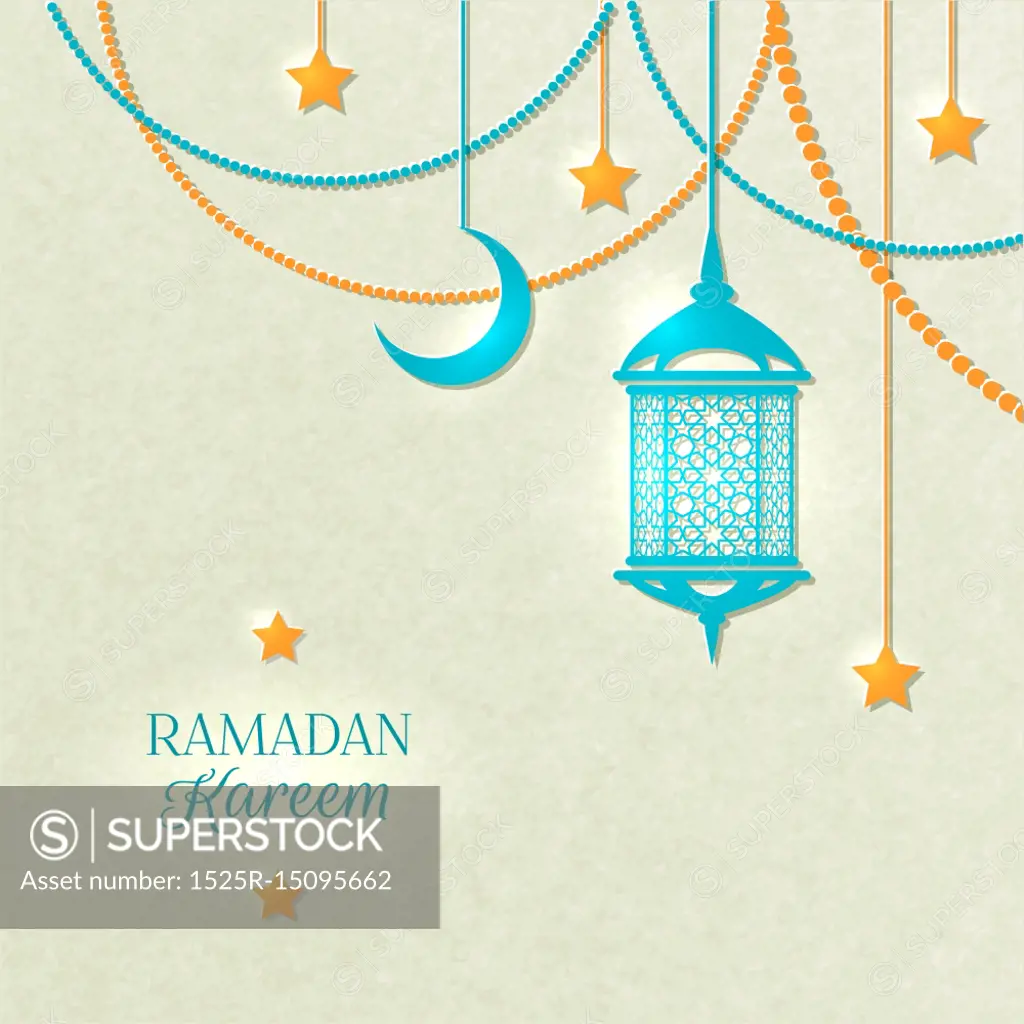 Ramadan Light Color Poster. Ramadan light color poster with beads yellow lamp and stars hanging from the ceiling on gray background vector illustration