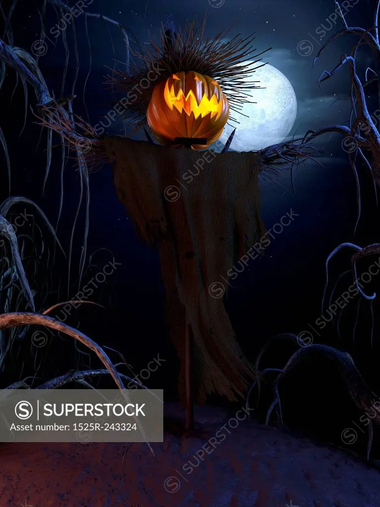 3d rendered halloween scene with a scary scarecrow