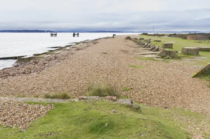 In World War Two this area of Lepe Beach was used for launching of Mulberry Harbours and Troops for the D-Day landings. Hampshire, England, United Kingdom.