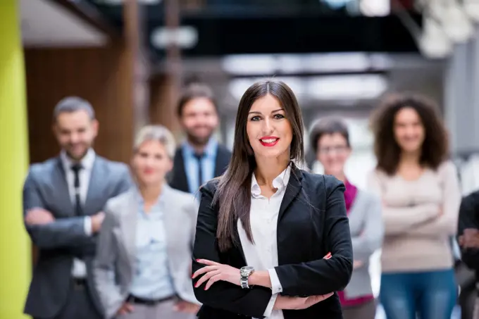 young multi ethnic business people group walking standing and top view