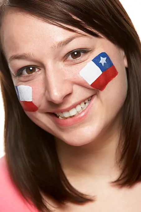 Young Female Sports Fan With Chilean Flag Painted On Face