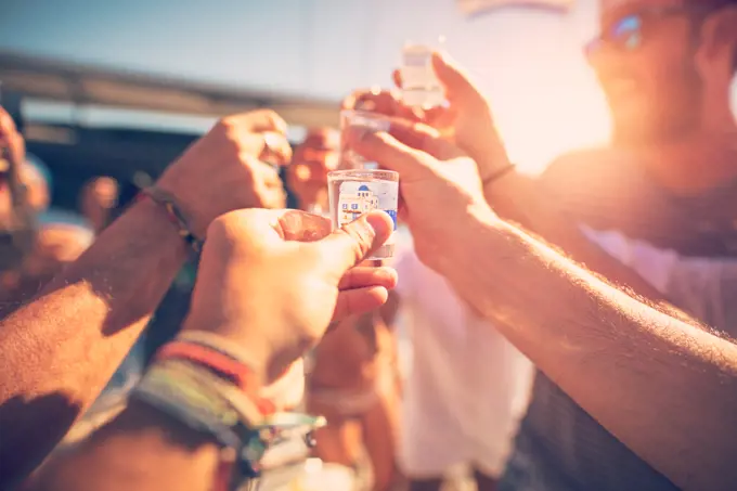 Closeup photo of a happy friends gathering together on openair party, with pleasure drinking alcohol beverage and having fun together