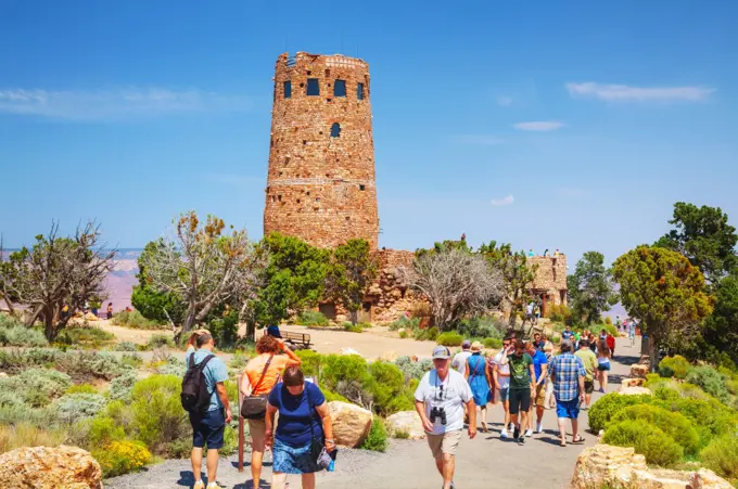 GRAND CANYON VILLAGE, AZ - AUGUST 20: Crowded with people Desert View Watchtower point at the Grand Canyon National park on August 20, 2015 in Grand Canyon Village, AZ.