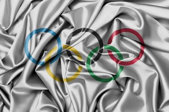 Satin flag with emblem, the olympic  rings