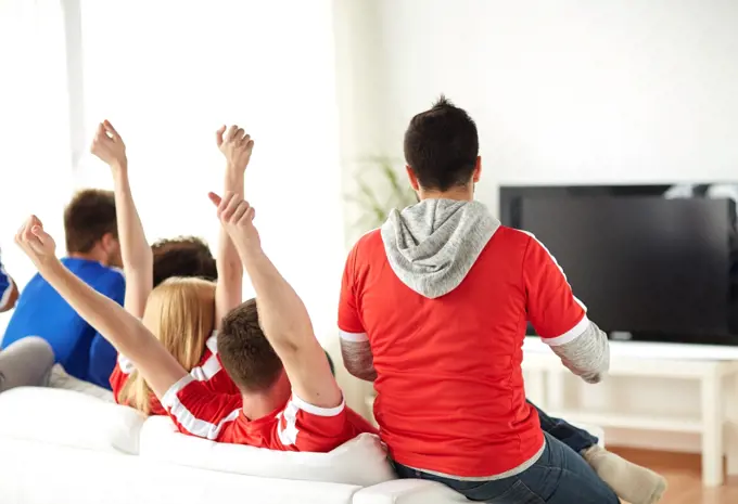 friendship, leisure, sport, people and entertainment concept - happy friends or football fans watching soccer on tv and celebrating victory at home