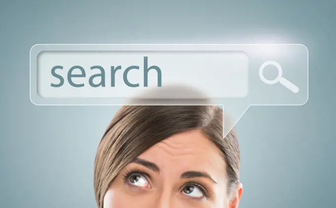 Technology, searching system and internet concept - woman looking at Search engine button overhead