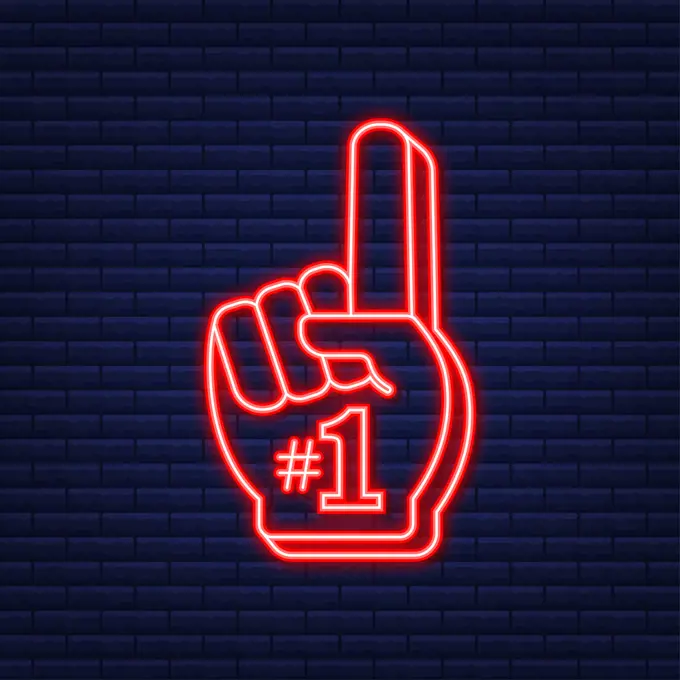 Fan logo hand with finger up. Hand up with number 1. Neon icon. Vector illustration. Fan logo hand with finger up. Hand up with number 1. Neon icon. Vector illustration.