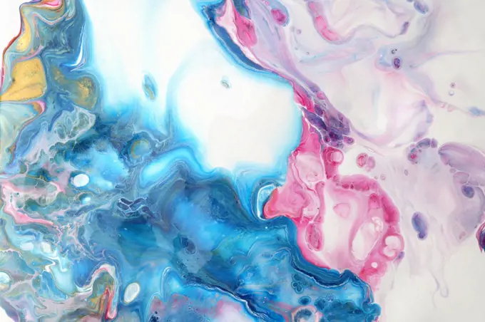 Art Abstract flow acrylic and watercolor marble blot painting. Blue and pink Color wave horizontal texture background.