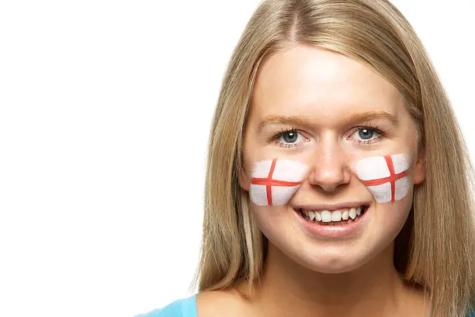 Young Female Sports Fan With St Georges Flag Painted On Face