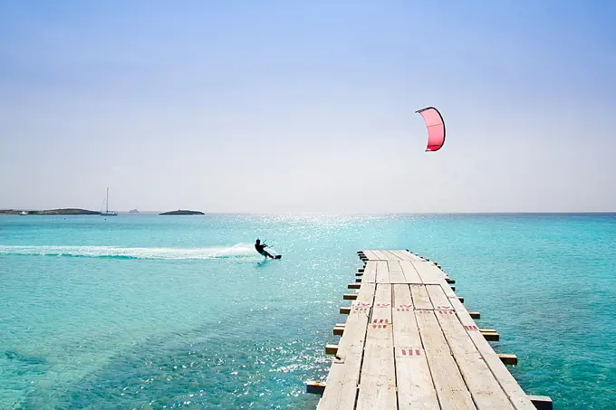 Formentera beach wood pier turquoise balearic Mediterranean paradise sea