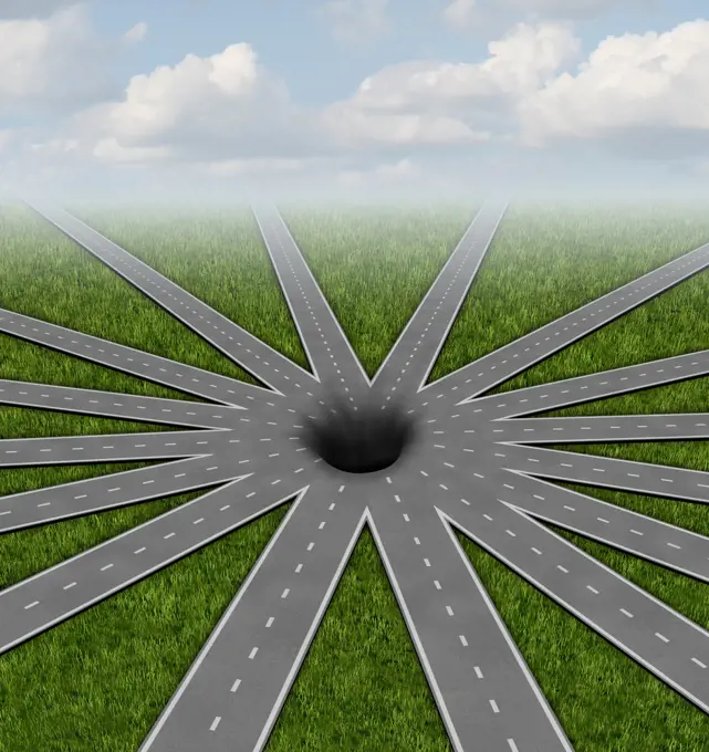 Pit hole or pithole unavoidable road of life concept and choices or strategies symbol represented by a network of roads and highways merging to a center crater or gap showing all options and paths available lead to a challenge as a 3D render.