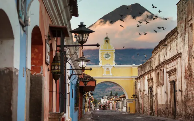 Colonial architecture in ancient Antigua Guatemala city, Central America, Guatemala