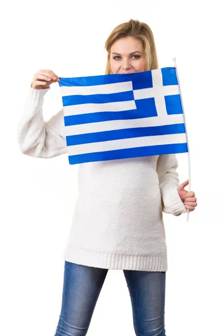 Happy funny woman holding Greece greek national flag being patriotic loving her country.. Happy woman holding Greek national flag