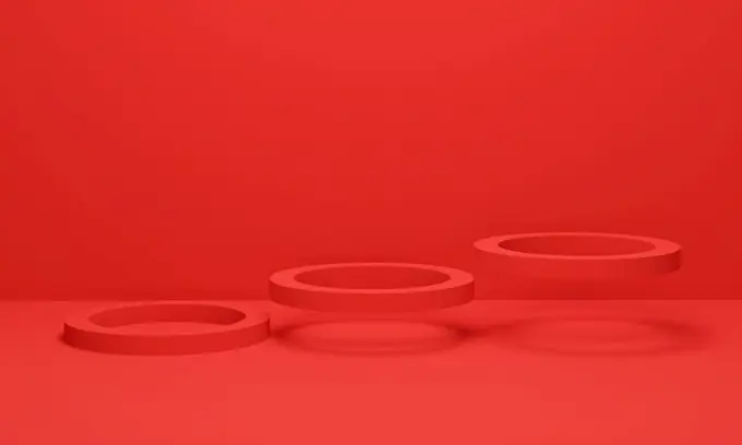 Three circle floating on red background. Abstract minimal scene geometric platform. 3d render illustration.