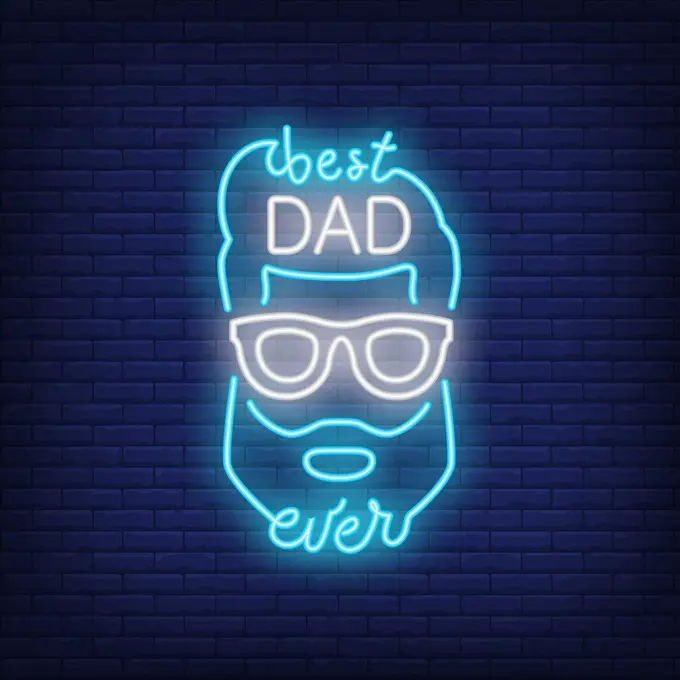 Best Dad Ever neon style icon. Male face and lettering on brick background. Congratulation, greeting card, emblem. Fathers Day concept. For topics like holiday, celebration, web design