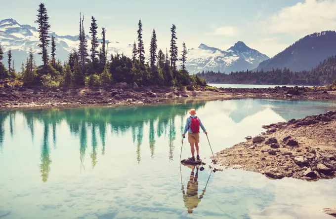 Hike to turquoise waters of picturesque Garibaldi Lake near Whistler, BC, Canada. Very popular hike destination in British Columbia.