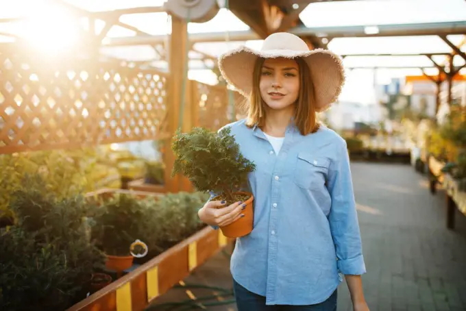 Female customer buying flower in a pot, shop for floristry. Woman choosing equipment in store for floriculture, florist instrument purchasing. Female customer buying flower in a pot, floristry