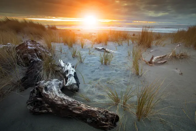 beautiful sunset sky at hokitika sea beach south island new zealand most popular natural traveling destination