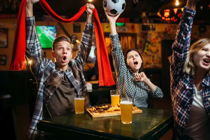 Football fans with scarf and ball in hands watching match and drinks beer in sports bar. Tv broadcasting, young friends leisures in pub, favorite team wins. Football fans with scarf and ball in sports bar