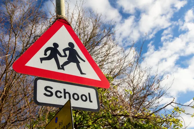 School warning road traffic sign