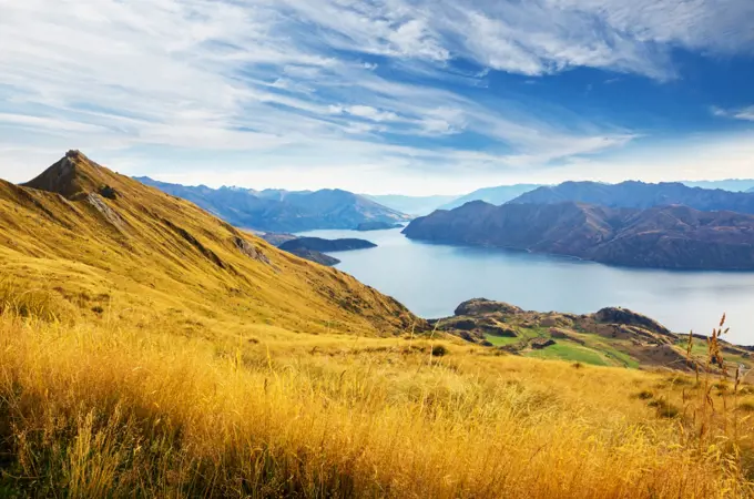 Traveler hiking in Roys Peak. New Zealand. Lake Wanaka