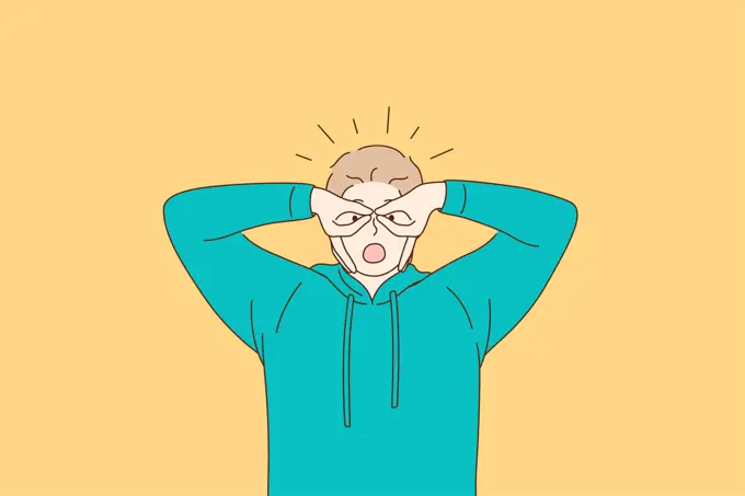 Losing mind, facial expression, weird behaviour concept. Young man in green hoodie feeling crazy covering eyes with fingers as glasses over yellow background vector illustration . Losing mind, facial expression, weird behaviour concept