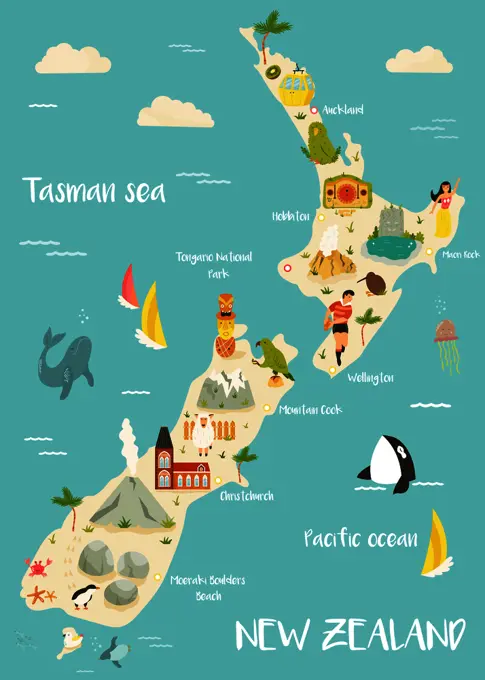 New Zealand illustrated map with famous landmarks, animals, symbols. For prints, tourist posters, travel guides, festivals. New Zealand illustrated map with bright icons