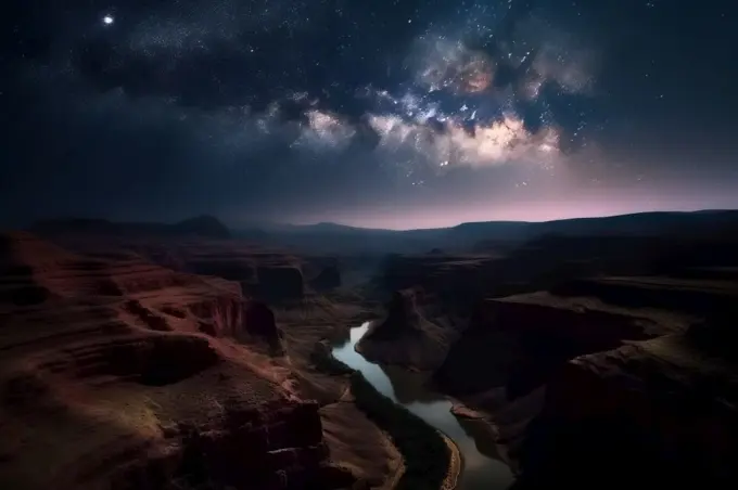 Grand canyon with starry night sky. Rock tourism. Generate Ai. Grand canyon with starry night sky. Generate Ai