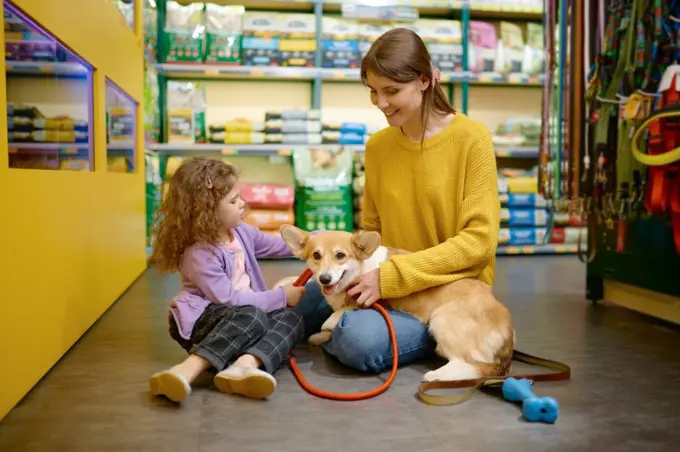 Happy mother and daughter choosing new leash for their corgi dog. Buying accessory for domestic animal at pet shop. Happy mother and daughter choosing new leash for their corgi dog