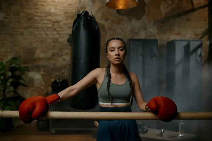 Athletic female fighter with red boxing gloves standing leaned at wooden training bar in gym with loft interior design. Athletic female fighter with bandaged hands standing leaned at wooden bar