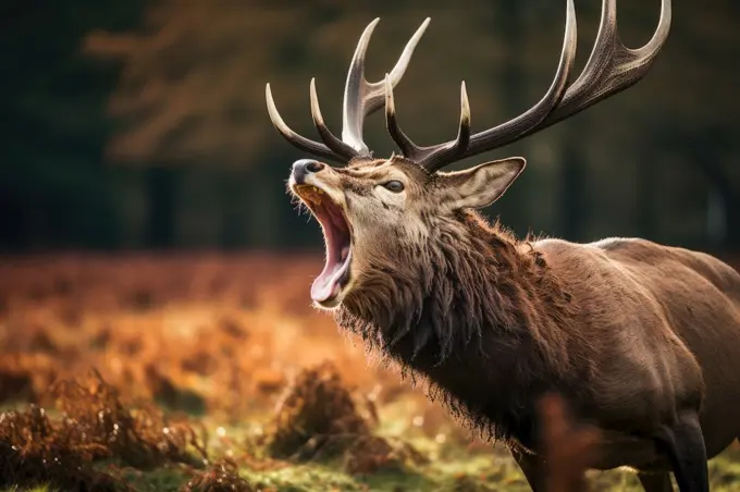 Red deer stag roaring in the forest. Generative AI