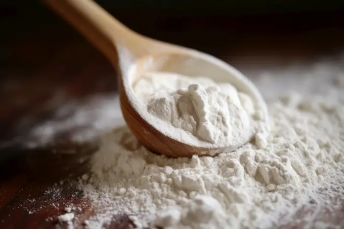 Macro photography of flour with a wooden spoon close-up, light direction, white powder. Macro photography of flour with a wooden spoon close-up, light direction