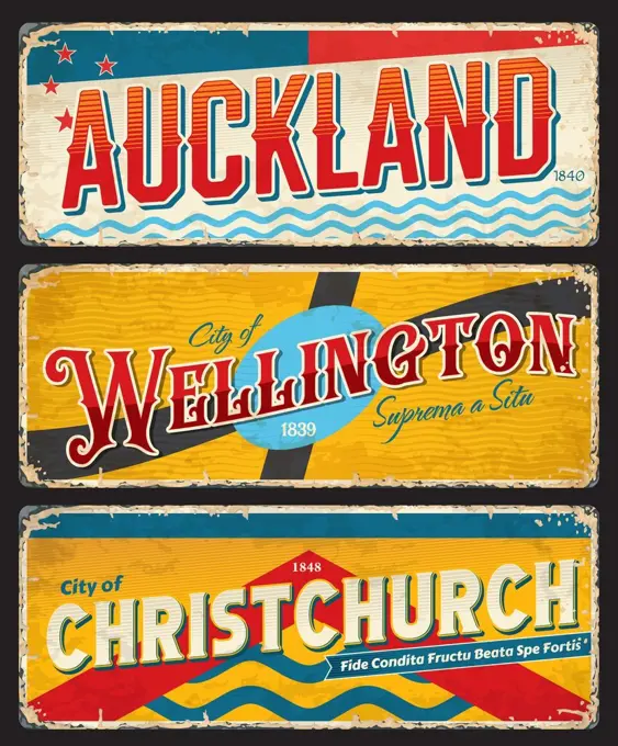 Auckland, Christchurch, Wellington, New Zealand travel stickers, vector vintage plates. New Zealand vacations and journey trip luggage tags and retro tin signs with cities landmarks and emblems. Auckland, Christchurch, Wellington, Zealand travel