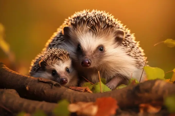 Close up of two wild, native European hedgehogs, one adult and one sleeping baby. Hedgehogs, Scientific name: Erinaceus Europaeus. Hedgehogs, Scientific name: Erinaceus Europaeus. Close up of two wild, native European hedgehogs