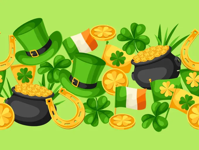 Saint Patricks Day seamless pattern. Flag Ireland, pot of gold coins, shamrocks, green hat and horseshoe.