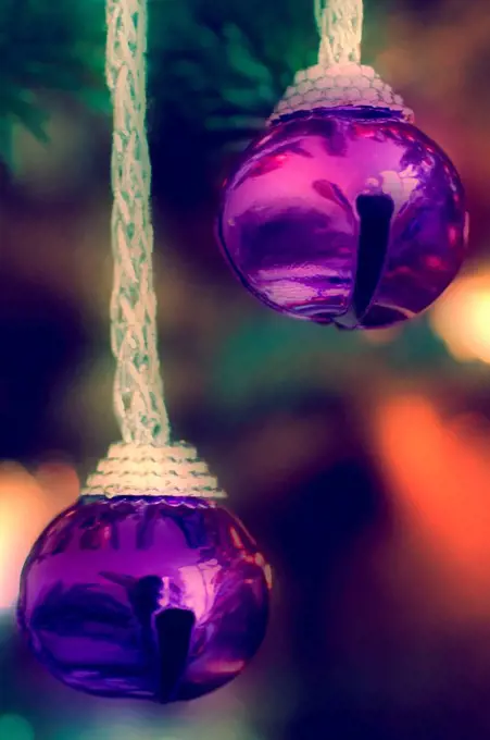 Two Small Purple Bells on Christmas Tree